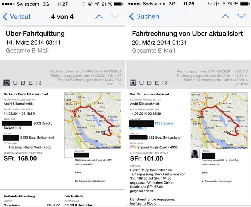Nicht alle Uber-Chauffeure in Zürich finden immer den kürzesten Weg (Bild links). Doch Uber zeigt sich kulant und erstattet ungerechtfertigte Mehrkosten für den Umweg (Bild rechts).