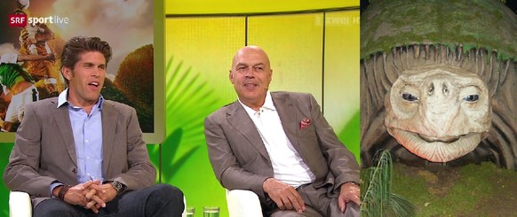 Beni Huggel, Christian Gross und die Schildkröte Morla.