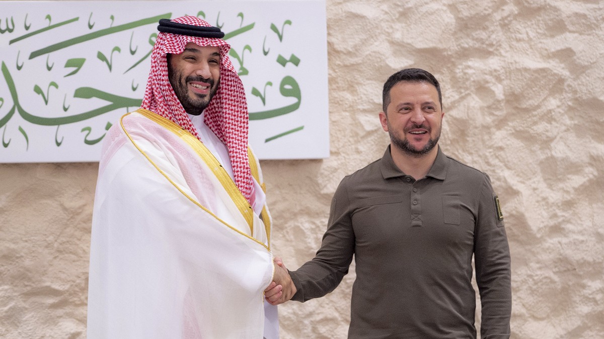 FILE - In this photo provided by Saudi Press Agency, SPA, Saudi Crown Prince Mohammed bin Salman greets Ukraine's President Volodymyr Zelenskyy, right, during the Arab summit in Jeddah, Saudi Ara ...