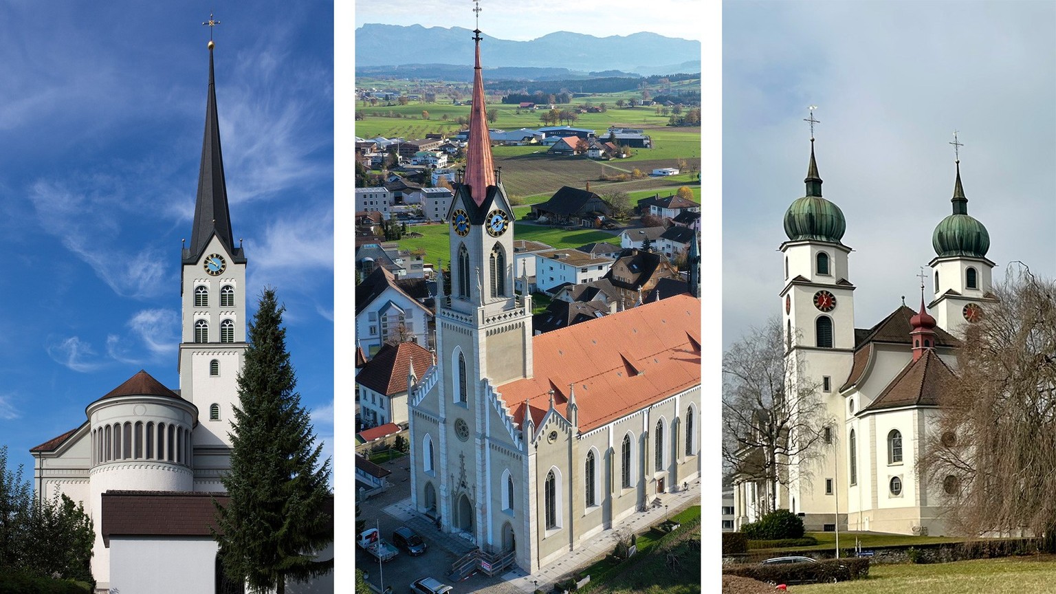 Drei Beispiele aus einer Vielzahl, von links: Pfarrkirche Schötz LU, inspiriert von der Romanik, gebaut aber nicht um 1100, sondern 1879, Neuromanik / Pfarrkirche Grosswangen LU, inspiriert von der Go ...
