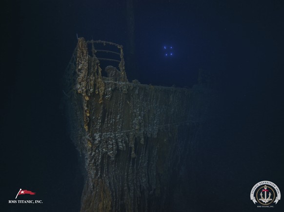 This image released on Monday, Sept. 2, 2024, shows the bow of the Titanic with a large section of the deck railing now missing photographed this summer by a company with salvage rights to the wreck s ...