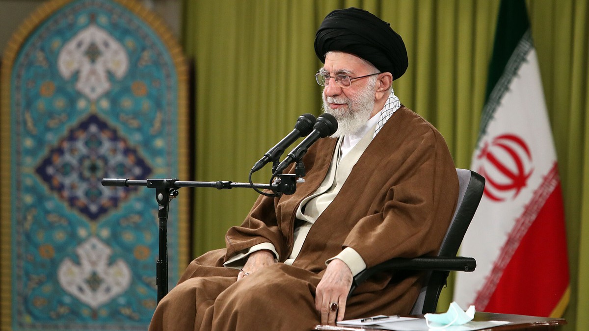 In this picture released by the official website of the office of the Iranian supreme leader, Supreme Leader Ayatollah Ali Khamenei speaks during a meeting with a group of Basij paramilitary force in  ...