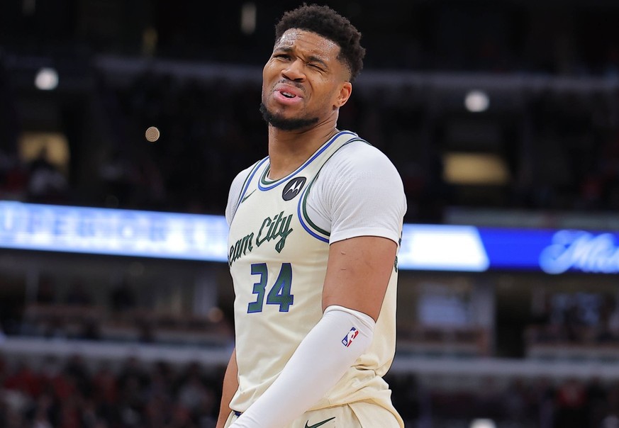 CHICAGO, IL - DECEMBER 27: Giannis Antetokounmpo 34 of the Milwaukee Bucks reacts to a call during the second half against the Chicago Bulls on December 27, 2025 at the United Center in Chicago, Illin ...