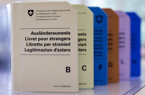 Various foreign residence permits cases are lined up on a table at the registration and migration office in Thun, Switzerland, on Monday, September 15, 2014. (KEYSTONE/Peter Klaunzer)

Huellen fuer di ...