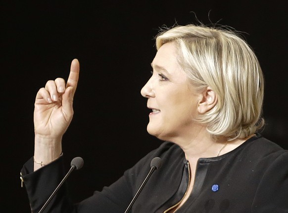 Far-right candidate for the presidential election Marine Le Pen speaks during a campaign meeting in Perpignan, southwestern France, Saturday, April, 15, 2017. The two-round presidential election is se ...