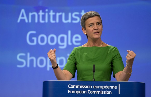 European Union Commissioner for Competition Margrethe Vestager speaks during a media conference at EU headquarters in Brussels on Tuesday, June 27, 2017. The European Union&#039;s competition watchdog ...