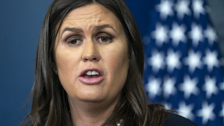 epa06667541 White House Press Secretary Sarah Sanders speaks to the media from the White House Press Briefing Room in Washington DC, USA, 13 April 2018. Earlier in the day, President Trump tweeted tha ...