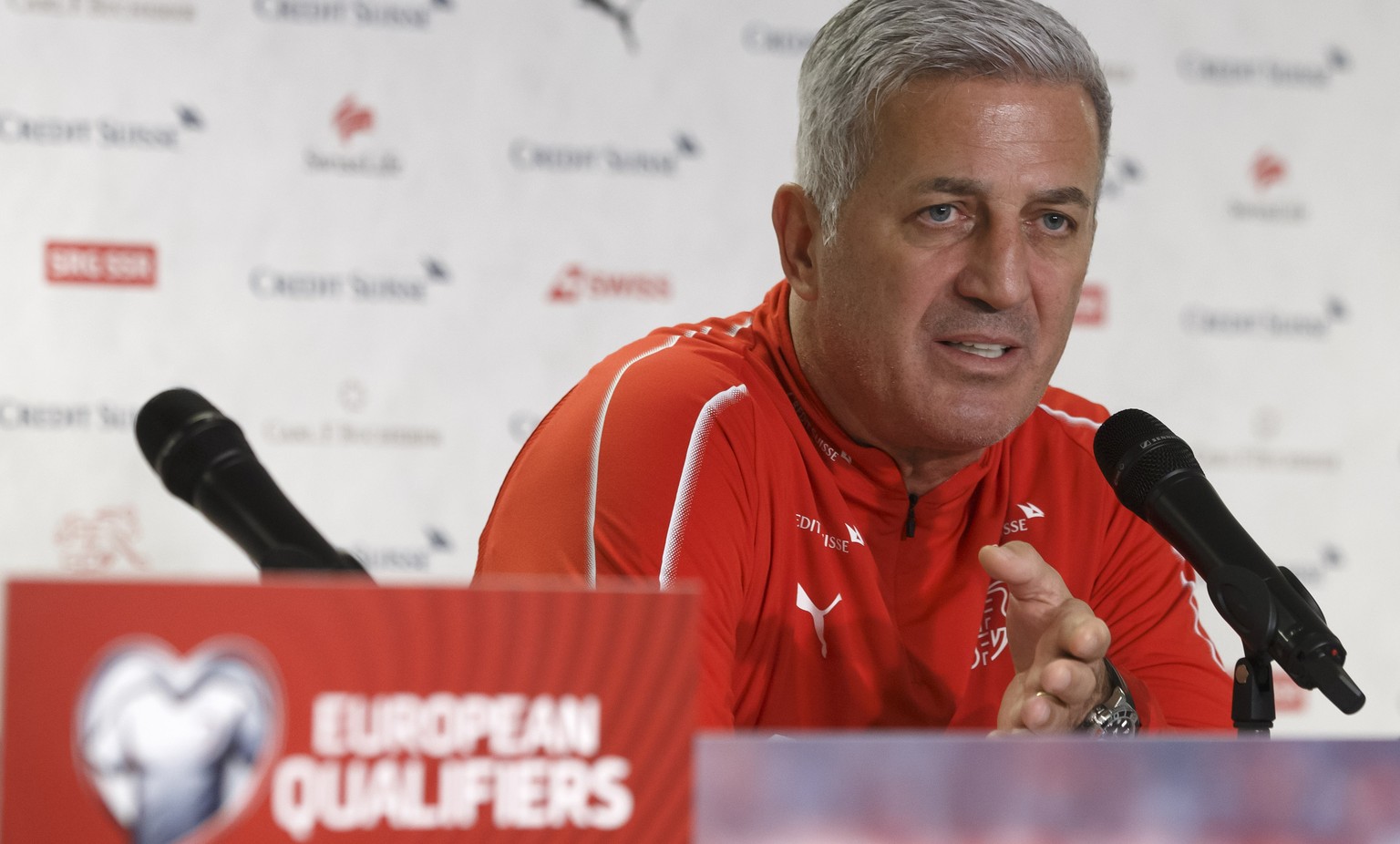 Switzerland&#039;s head coach Vladimir Petkovic speaks to the media during a press conference, ahead the UEFA Euro 2020 qualifying Group D soccer match between Switzerland and Republic of Ireland, at  ...