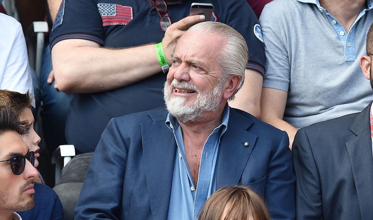 Napoli's president Aurelio De Laurentiis attends a Serie A soccer match between Torino and Napoli at the Olympic stadium, in Turin, Italy, Sunday, Sept. 23, 2018. (Alessandro Di Marco/ANSA via AP ...