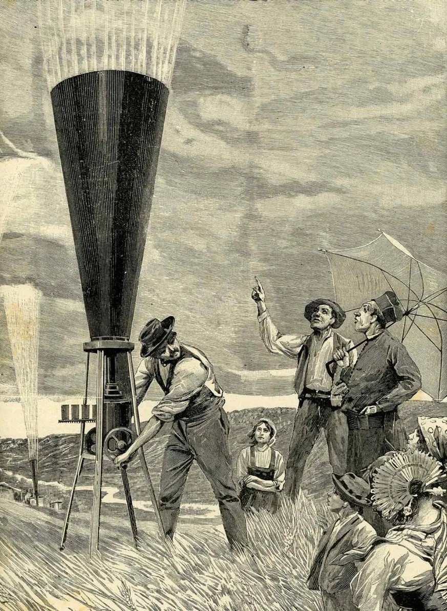 Einsatz von Hagelkanonen in einer Illustration von 1899.
https://commons.wikimedia.org/wiki/File:Gli_spari_nelle_campagne_per_impedire_la_formazione_della_grandine_fra_le_nubi_(xilografia).jpg