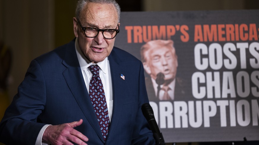 epa12975314 US Senate Minority Leader Chuck Schumer speaks about the Justice Department's plan to create a 1.776 billion US dollar fund to compensate allies of US President Donald Trump in the US ...