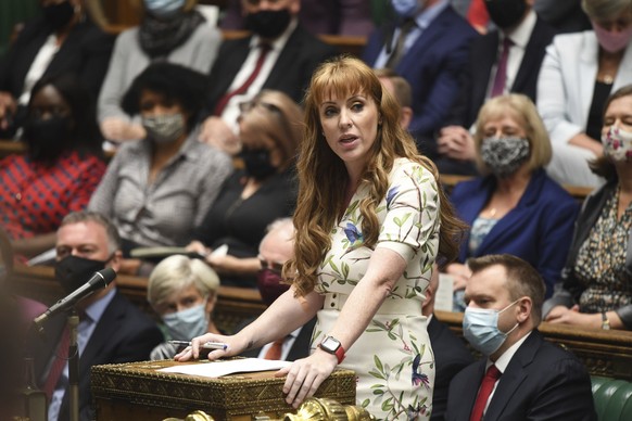 In this handout photo provided by UK Parliament, Deputy Labour leader Angela Rayner speaks during Prime Minister&#039;s Questions at the House of Commons, London, Wednesday, Sept. 22, 2021. (Jessica T ...