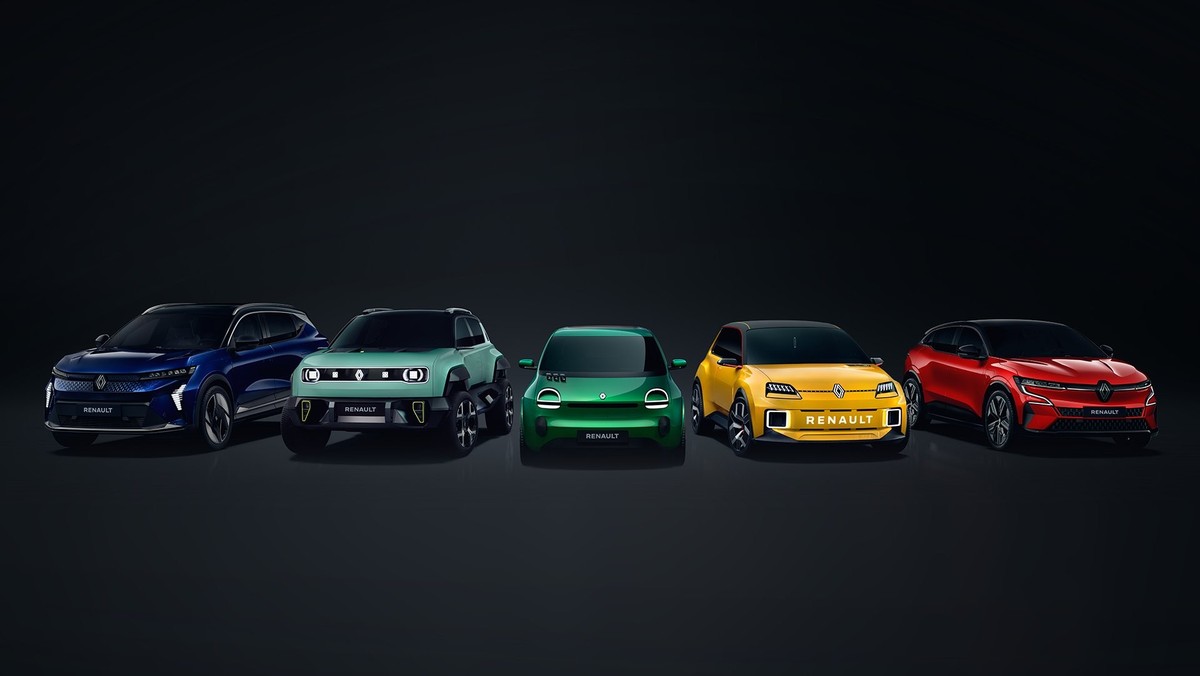E-Autos von Renault: Scénic E-Tech, R4, Twingo, R5 und Mégane E-Tech.