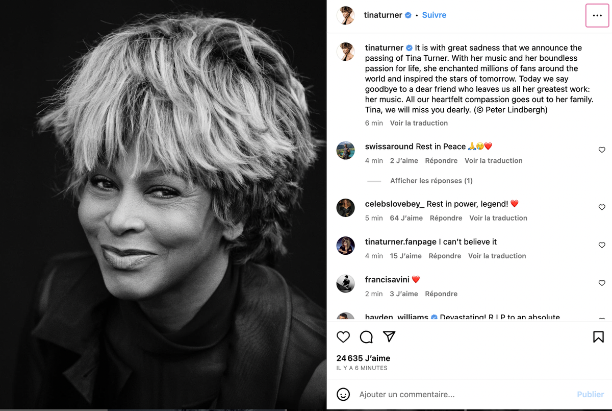annonce Instagram décès de Tina Turner
