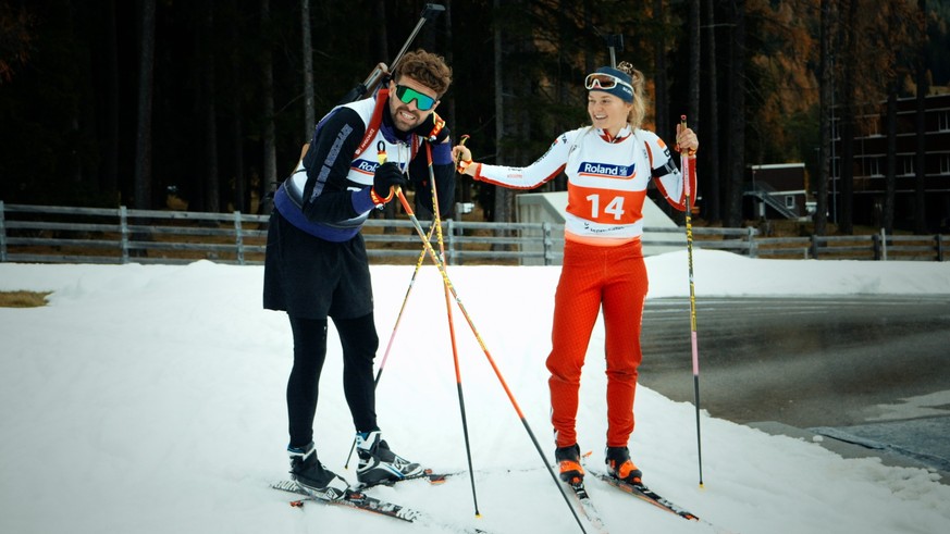 Nico Franzoni beim Biathlon mit Lea Meier.