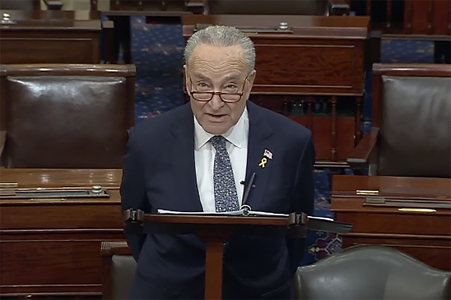 In this image from video provided by Senate TV, Senate Majority Leader Chuck Schumer, D-N.Y., speaks on the Senate floor at the Capitol in Washington, March 14, 2024. Schumer is calling on Israel to h ...