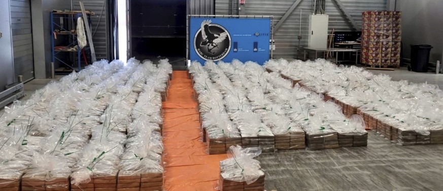 This picture provided on Thursday, Aug. 10, 2023, by the Rotterdam Public Prosecution Service shows 8,000 kilograms (17,637 pounds) of cocaine. Customs authorities in the Netherlands said Thursday the ...