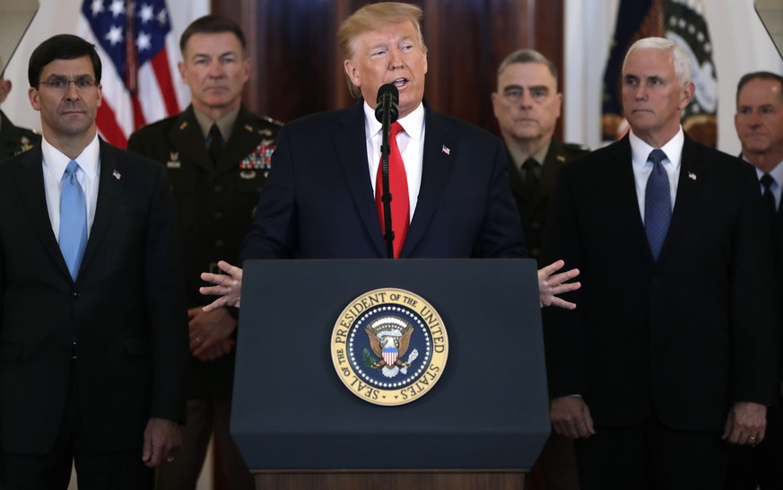 President Donald Trump addresses the nation from the White House on the ballistic missile strike that Iran launched against Iraqi air bases housing U.S. troops, Wednesday, Jan. 8, 2020, in Washington, ...