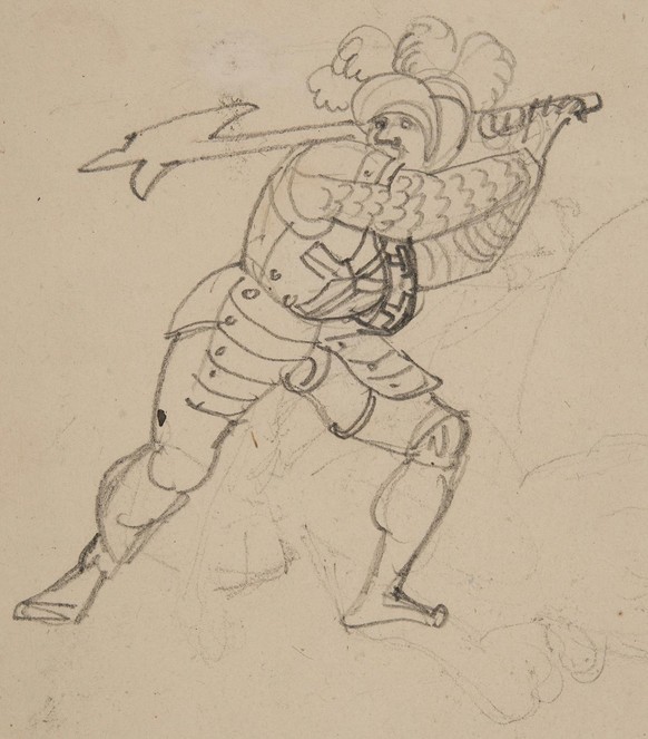 Krieger mit einer Halbarte, gezeichnet von Ludwig Georg Vogel, 19. Jahrhundert.
https://permalink.nationalmuseum.ch/100199166