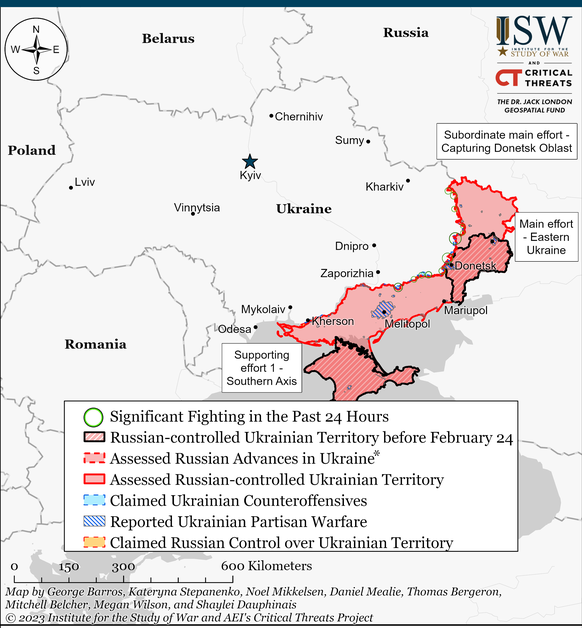 Kriegshandlungen finden derzeit vorallem an der Ostfront und südlich von Saporischschja statt.