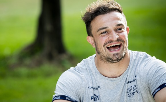 Switzerland&#039;s midfielder Xherdan Shaqiri, speaks during an interview with journalists during the Euro 2020 soccer tournament, in Rome, Italy, Thursday, June 24, 2021. (KEYSTONE/Jean-Christophe Bo ...