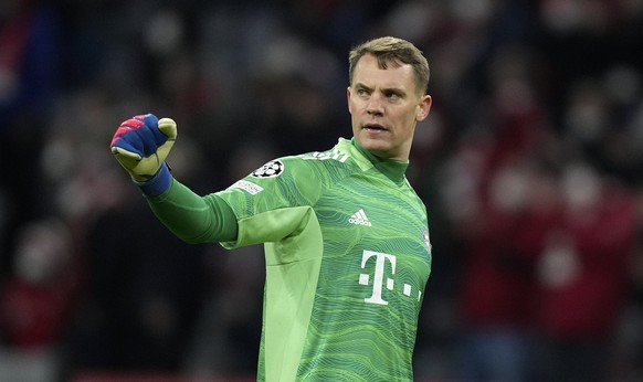FILE - Bayern goalkeeper Manuel Neuer reacts during the Champions League, round of 16, second leg soccer match between Bayern and Salzburg in Munich, Germany, on March 8, 2022. Bayern Munich coach Jul ...