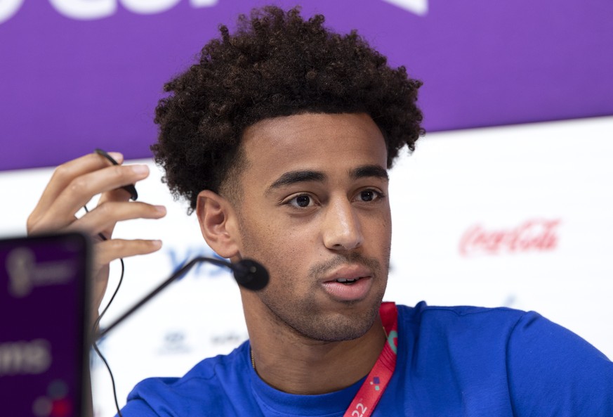 epa10334311 USA national team player Tyler Adams attends during a press conference at the Qatar National Convention Center (QNCC) in Doha, Qatar, 28 November 2022. EPA/GEORGI LICOVSKI