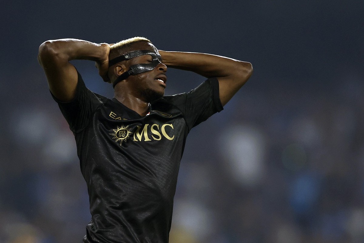 Napoli's Victor Osimhen reacts during the Serie A soccer match between SSC Napoli and Lazio Rome at the Diego Armando Maradona stadium in Naples, Italy, Saturday Sept. 2, 2023. (Alessandro Garofa ...