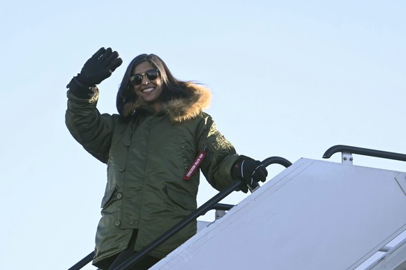 Second lady Usha Vance arrives at Pituffik Space Base in Greenland, Friday, March 28, 2025. (Jim Watson/Pool via AP)
Vance