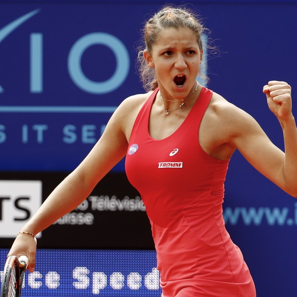 Rebeka Masarova of Switzerland celebrates after winning the second round match against Anett Kontaveit of Estonia, at the WTA Ladies Championship tennis tournament in Gstaad, Switzerland, Friday, July ...