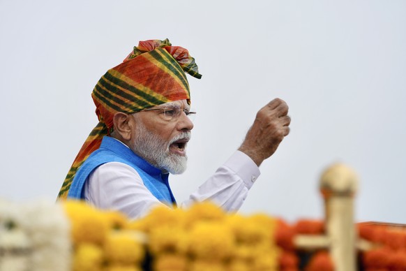 Indian Prime Minister Narendra Modi addresses the nation from the 17th century Mughal-era Red Fort monument during the country&#039;s Independence Day celebrations in New Delhi, India, Thursday, Aug.  ...