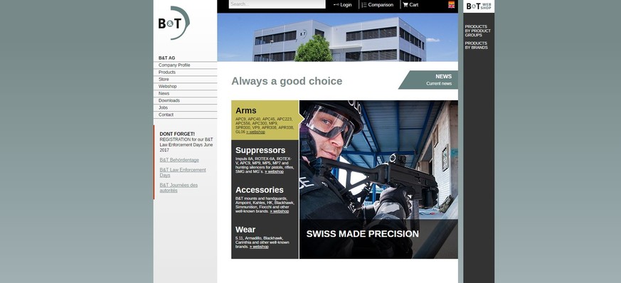 Website von «Brügger &amp; Thomet» : Schweizer Waffenexporteure profitieren von der allgemeinen Sicherheitslage in Europa.