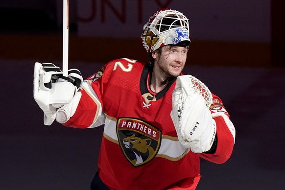 Florida Panthers goaltender Sergei Bobrovsky (72) is named one of the players of the game after an NHL hockey game against the Calgary Flames, Tuesday, Jan. 4, 2022, in Sunrise, Fla. The Panthers won  ...