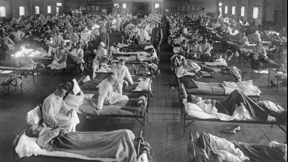 Influenza victims crowd into an emergency hospital near Fort Riley, Kansas in this 1918 photo. The 1918 Spanish flu pandemic killed at least 20 million people worldwide and officials say that if the n ...