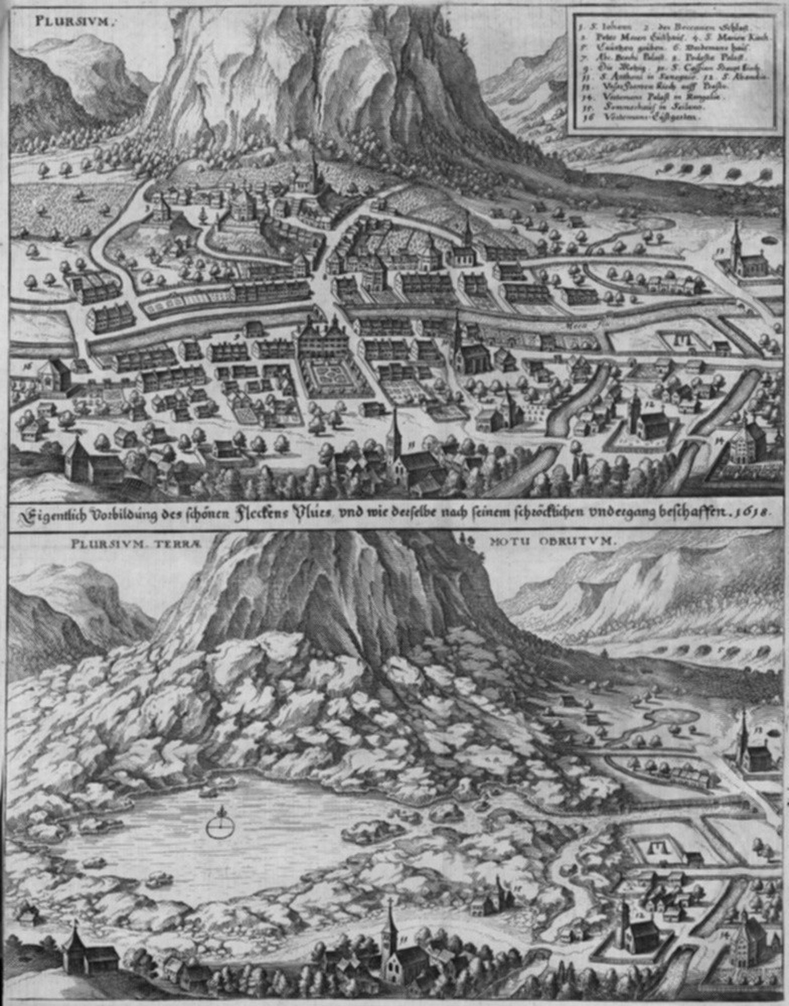 Matthäus Merian: Plurs vor und nach dem Bergsturz. Abbildung aus Martin Zeiller, Topographia Helvetiae, 1642/1654
https://de.wikipedia.org/wiki/Piuro#/media/Datei:Plursium_(Merian).jpg