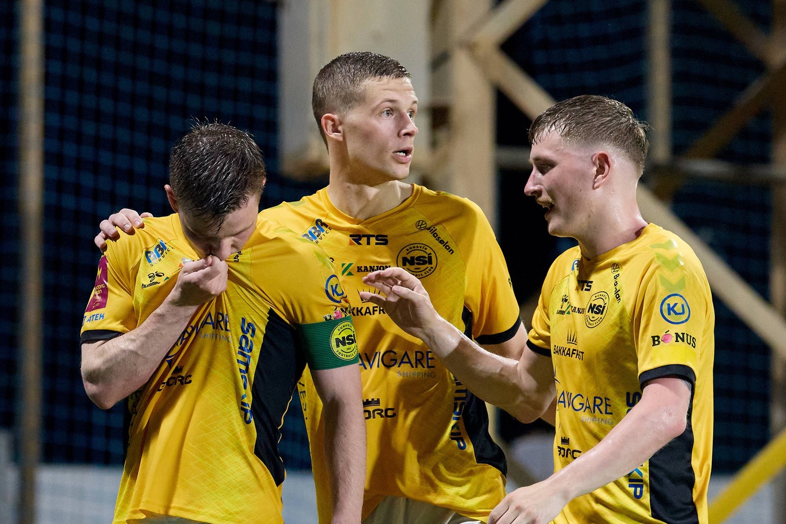 Petur Knudsen left of Runavik celebrates scoring the 1-2 goal with team mates during the UEFA Conference League First Qualifying Round, 2nd Leg match between Hamrun Spartans and Runavik at Centenary S ...