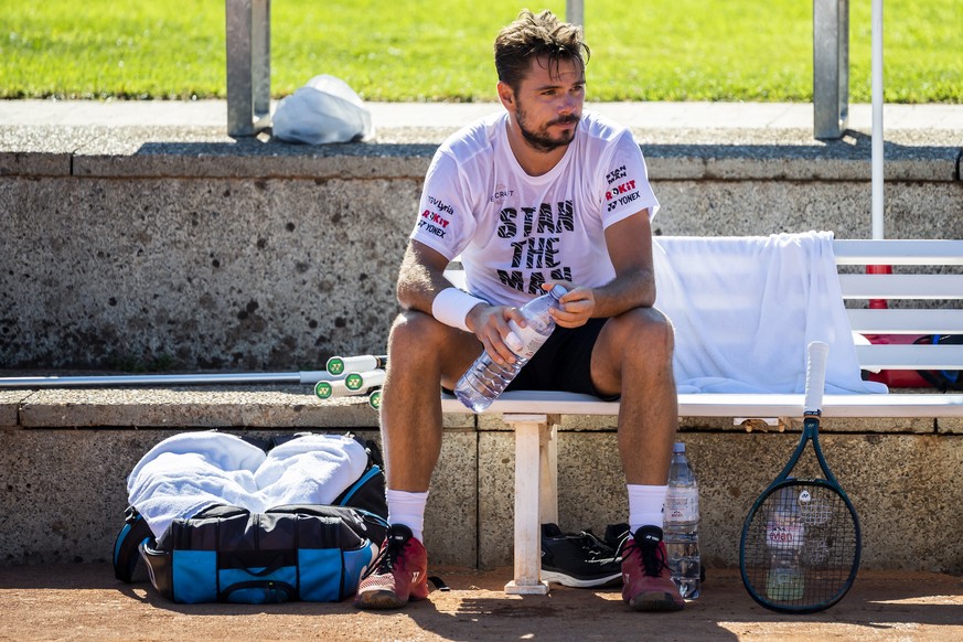 Le joueur de tennis suisse Stanislas &quot;Stan&quot; Wawrinka reagit a l&#039;occasion d&#039;un entrainement au Tennis Club Nyon le vendredi 7 aout 2020 a Nyon. (KEYSTONE/Jean-Christophe Bott)