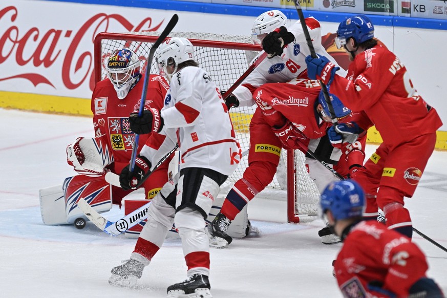 L-R goalkeeper Karel Vejmelka CZE receiving a goal, Sandro Schmid SUI, Dario Rohrbach SUI, Libor Hajek CZE and Michal Kovarcik CZE in action during the Czech Hockey Games, part of the Euro Hockey Tour ...