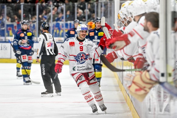 Mika Henauer (SCRJ) celebrate his goal, during the regular season National League game between HC Ambri Piotta and SC Rapperswil-Jona Lakers at the ice stadium Gottardo Arena, Switzerland, November 22 ...