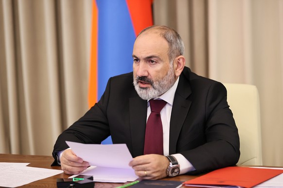 epa10182880 A handout photo made available by the Armenian Government press service shows Armenian Prime Minister Nikol Pashinyan attending an extraordinary meeting of the Collective Security Council  ...