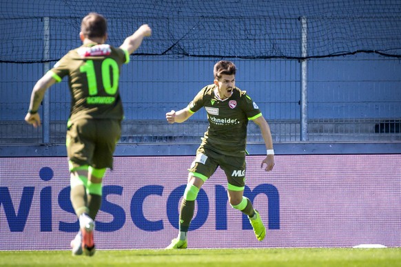 Joie milieu du FC Thun Omer Dzonlagic, apres son but lors du match retour du barrage entre le club de fooball de super league FC Sion et le club de challenge league FC Thun le dimanche 30 mai 2021 au  ...
