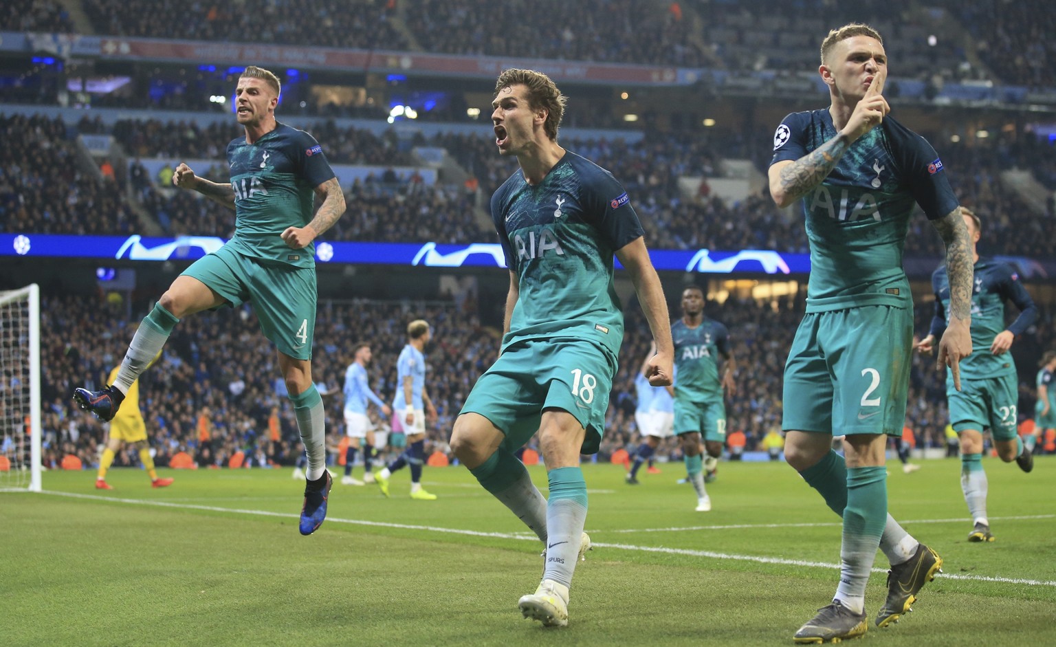 Tottenham Hotspur forward Fernando Llorente, center, celebrates his side&#039;s third goal with his teammates during the Champions League quarterfinal, second leg, soccer match between Manchester City ...