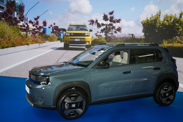 An all-new Fiat Grande Panda car is displayed during the official inauguration ceremony of a new assembly plant in the Stellantis factory, in Kragujevac, some 100 kilometers (70 miles) south of Belgra ...
