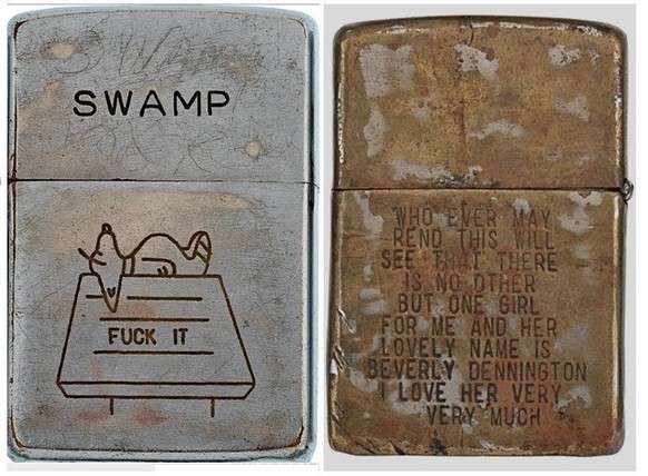 Vietnam War Zippo Lighters 

https://flashbak.com/heartfelt-messages-on-zippo-lighters-of-the-vietnam-war-1965-1973-42936/