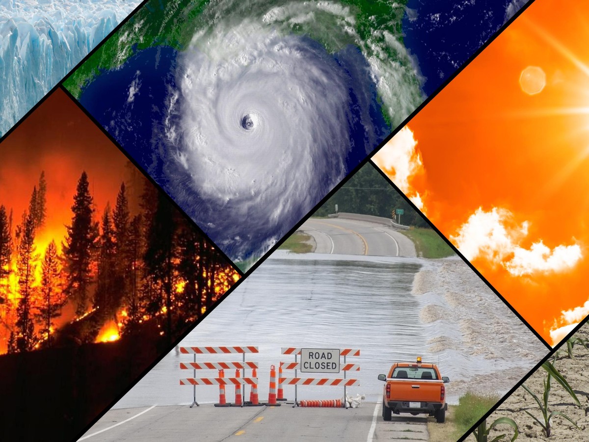 Un collage d'événements climatiques et météorologiques typiques : inondations, vagues de chaleur, sécheresse, ouragans, feux de forêt et perte de glace glaciaire.