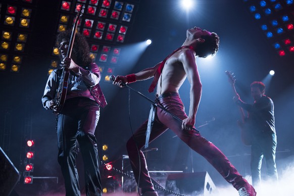 This image released by Twentieth Century Fox shows Gwilym Lee, from left, Rami Malek and Joe Mazzello in a scene from &quot;Bohemian Rhapsody.&quot; On Thursday, Dec. 6, 2018, the film was nominated f ...