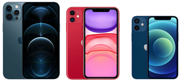 iPhone 12 Pro Max, iPhone 11 und iPhone 12 Mini (v.l.).