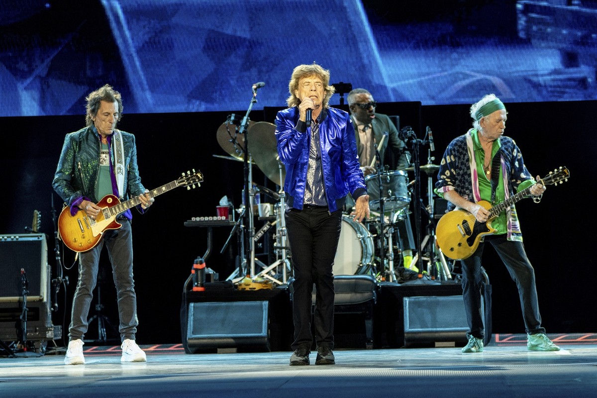 Ronnie Wood, left, Mick Jagger, and Keith Richards of The Rolling Stones perform during their "Hackney Diamonds" tour stop at Thunder Ridge Nature Arena on Sunday, July 21, 2024, in Ridgedal ...