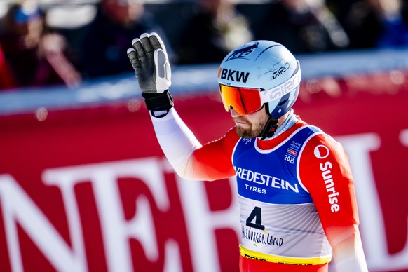 Alexis Monney of Switzerland reacts in the finish area during the men&#039;s Super G race at the 2025 FIS Alpine World Ski Championships, in Saalbach-Hinterglemm, Austria, Friday, February 7, 2025. (K ...