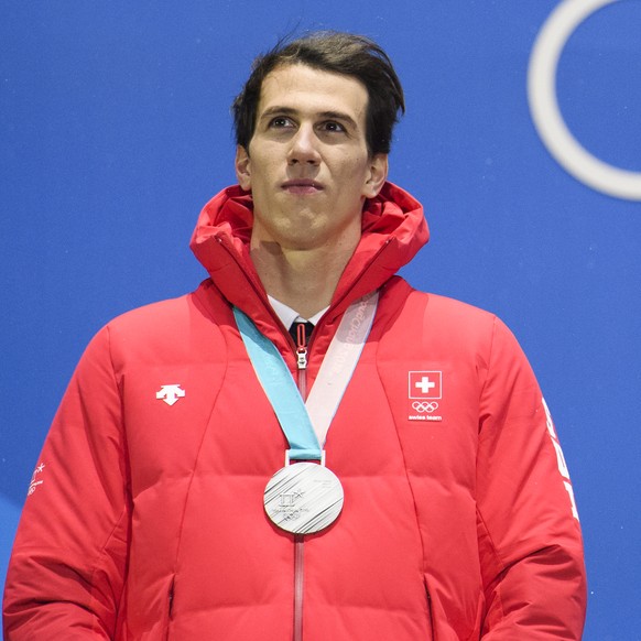 Silver medalist Ramon Zenhaeusern of Switzerland looks on during the victory ceremony on the Medal Plaza for the men alpine skiing slalom event at the XXIII Winter Olympics 2018 in Pyeongchang, South  ...